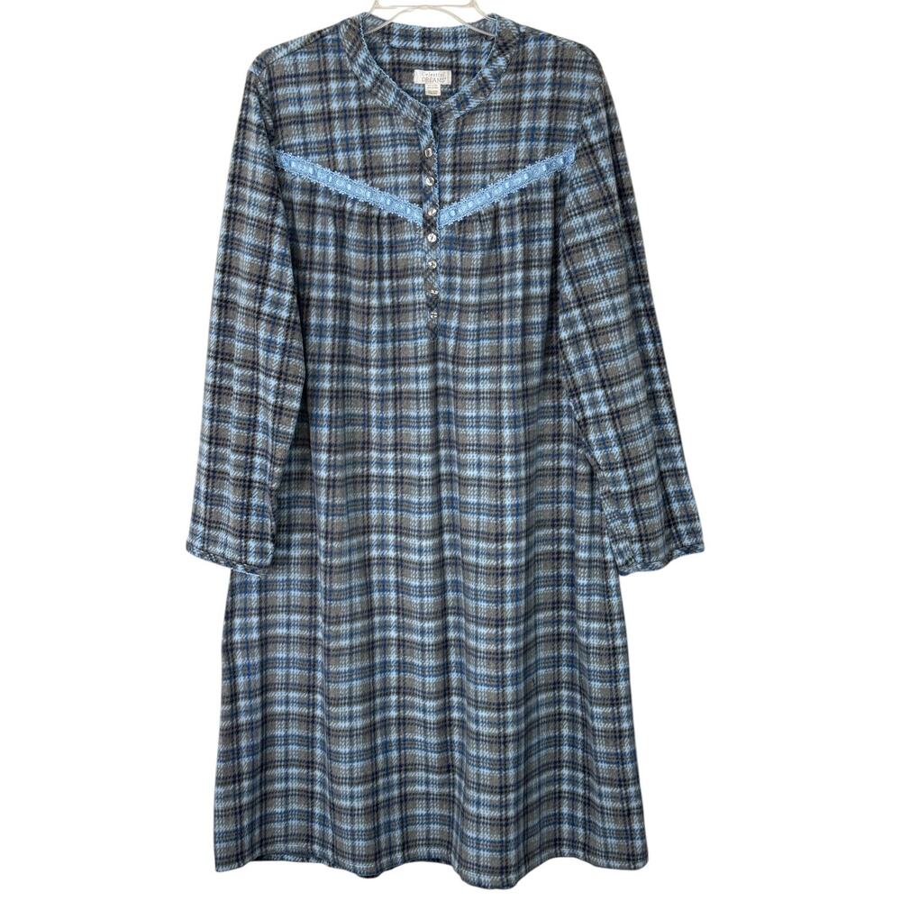 Vintage Fleece Nightgown Blue Plaid Plus Size 2X Grandmacore Cottagecore